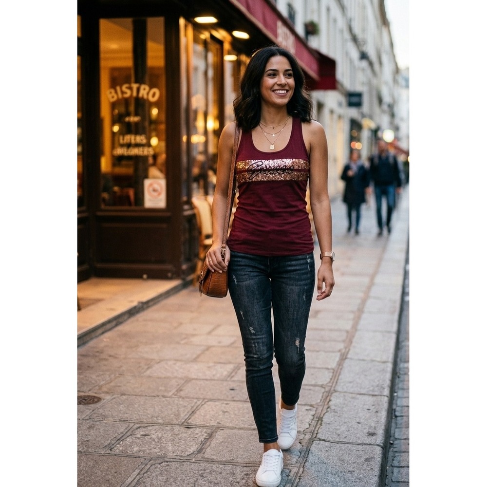 Guess Los Angeles Womens Vintage Y2K Burgundy Sequin Logo Racerback Tank Top L